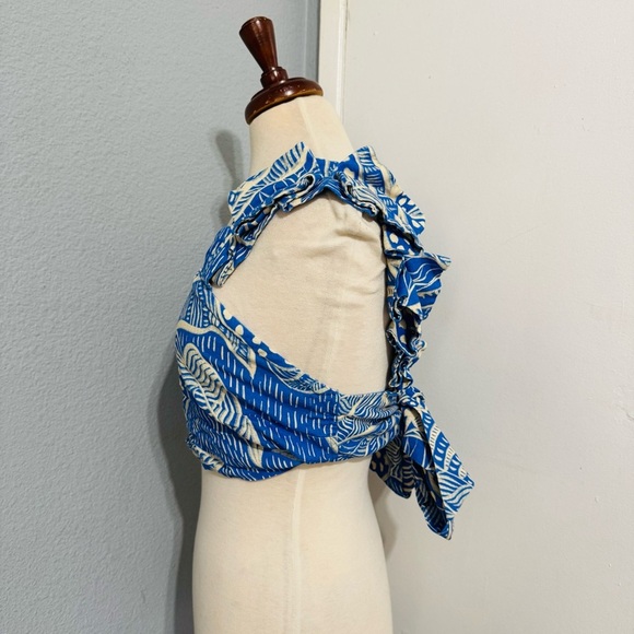 Ybara Women Blue and White Patterned Hawaiian Adjustable Back Bow Top Fits M-XL - Picture 4 of 11